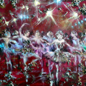Ballerinas in tutus under spotlights, against a maroon background. Original painting in acrylic and mixed media.