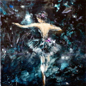 Against a black backdrop, under spotlights, a ballerina in a black tutu takes centre stage. Original painting.