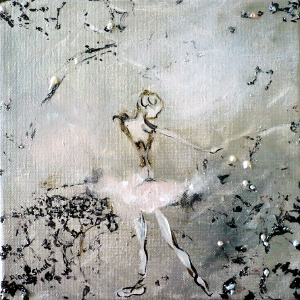 Against a silver-coloured semi-abstract background, a ballerina wearing a white and gold tutu signals 'stop'.