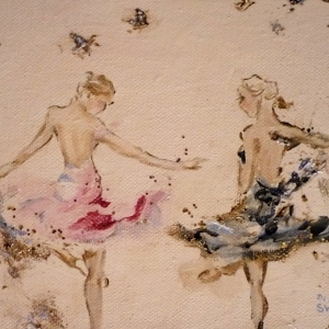 Original semi-abstract painting of two ballerinas rehearsing in the studio.