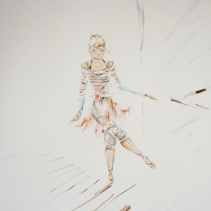 Original drawing of a ballerina at the barre in a rehearsal room.