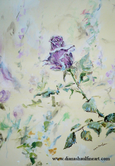 Original painting of an autumn-blooming light purple rose, other flowers in the background.