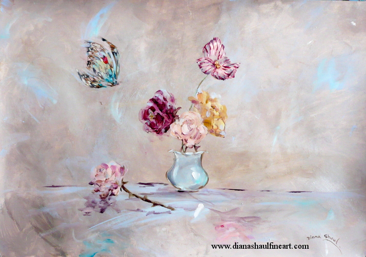 A butterfly prepares to alight on a vase of flowers. Original painting in acrylic.