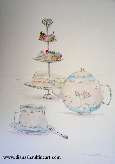 Still life depicting a teapot, a cup of tea, and a stand laden with sandwiches and cakes.