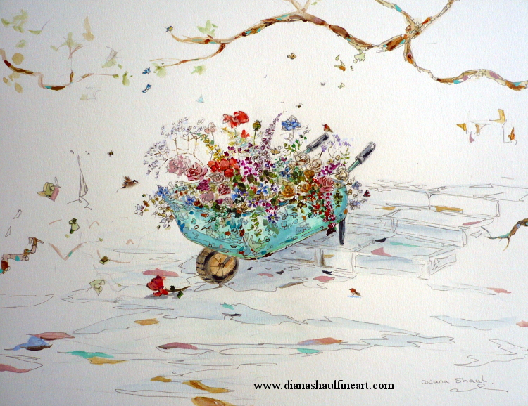 Original painting of a wheelbarrow full of flowers, featuring butterflies and small birds.
