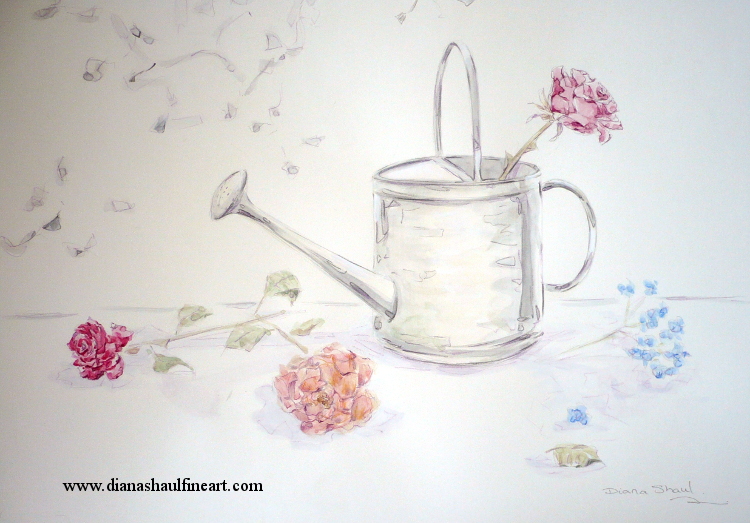 Original still life depicting a watering can and a few flowers.