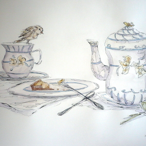 Painting featuring a bird perched on a teacup, eyeing the leftovers of a slice of cheesecake.