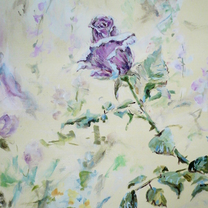 Original painting of an autumn-blooming light purple rose, other flowers in the background.