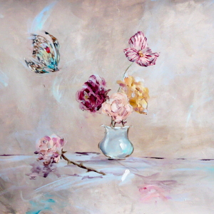 A butterfly prepares to alight on a vase of flowers. Original painting in acrylic.