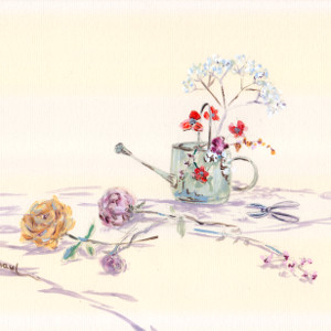 A delicate original still life depicting a watering can with flowers and secateurs.