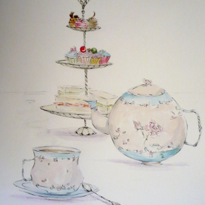 Still life depicting a teapot, a cup of tea, and a stand laden with sandwiches and cakes.