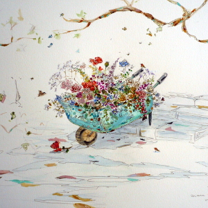 Original painting of a wheelbarrow full of flowers, featuring butterflies and small birds.