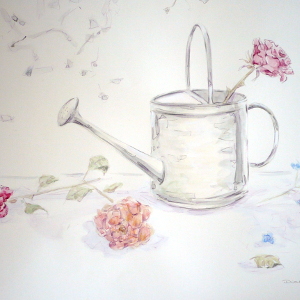 Original still life depicting a watering can and a few flowers.