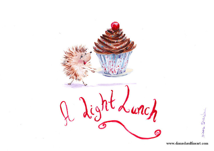 A little hedgehog carries an enormous cupcake; caption: 'A Light Lunch'.