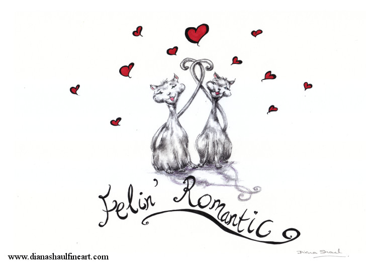 Two cats in love, surrounded by hearts; slogan: 'Felin' Romantic'.