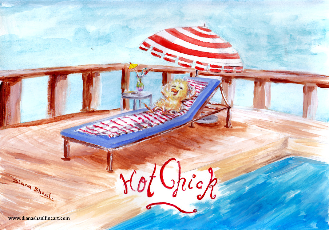 A fluffy yellow chick lounges by the pool; caption 'Hot Chick'.