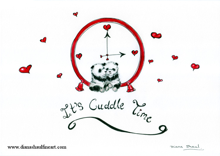 Two panda cubs cuddle in front of a giant clock, surrounded by red hearts. Cartoon with caption 'It's Cuddle Time'.