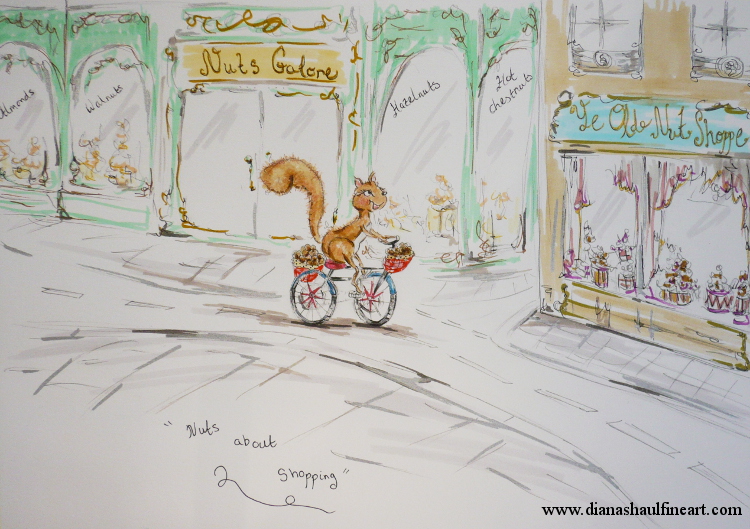 A squirrel rides a bicycle through a street of nut shops.