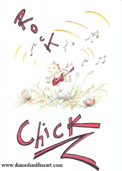 A cartoon sings and rocks out on the electric guitar; slogan: 'Rock Chick'.