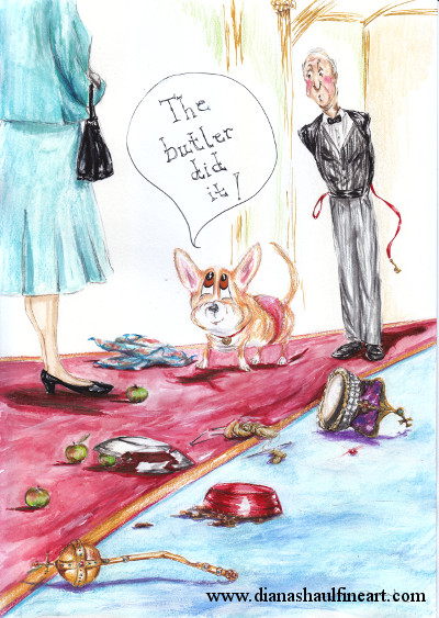 A corgi makes puppy-dog eyes at the Queen (only her legs depicted), blaming the disapproving butler for the mess on the floor.
