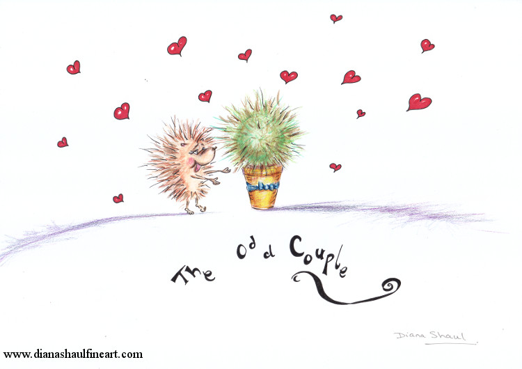 A cartoon hedgehog approaches a cactus, hearts surrounding them; caption: 'The Odd Couple'.