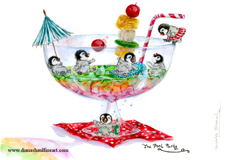 A fruity drink serves as a pool for some partying penguin chicks; caption 'The Pool Party'.