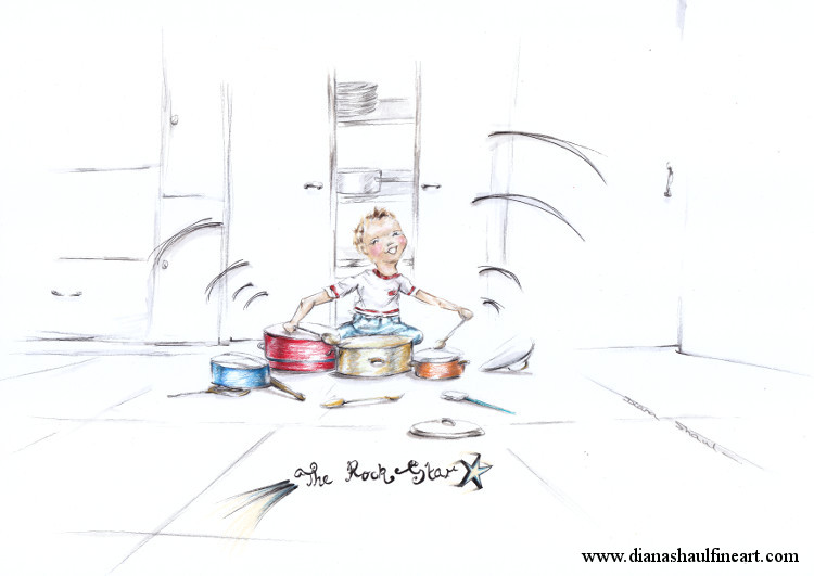 A boy bangs on his mother's pots and pans; slogan 'The Rock Star'.