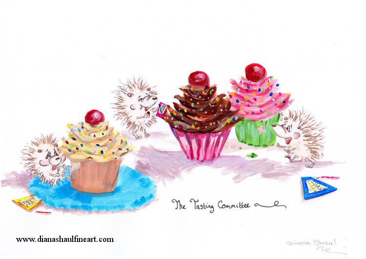 Original cartoon featuring hedgehogs tasting cupcakes; caption: 'The Tasting Committee'.