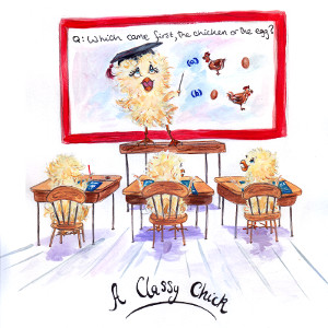 A cartoon chick teaches a philosophy class. Original cartoon with caption 'A Classy Chick'.