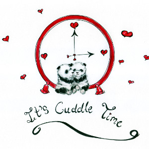 Two panda cubs cuddle in front of a giant clock, surrounded by red hearts. Cartoon with caption 'It's Cuddle Time'.