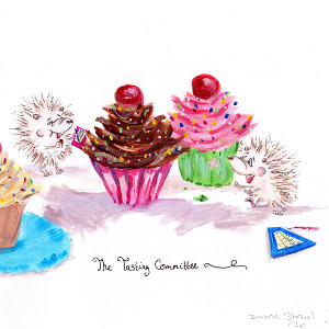 Original cartoon featuring hedgehogs tasting cupcakes; caption: 'The Tasting Committee'.