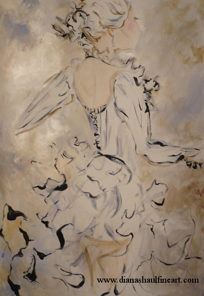 Original painting in gold tones of a young woman in a beautiful ruffled dress.