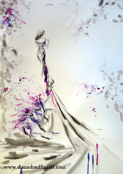 A woman in a dramatic evening gown is viewed from the back in this original painting featuring splatters of ink.