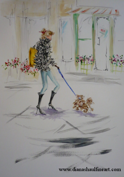 A fashionista takes her dog for a walk... to the doggie salon!
