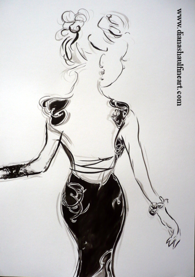Ink and pencil monochrome study of a woman in a black evening dress.