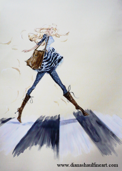 Painting of a woman in a cute fall outfit crossing the street.