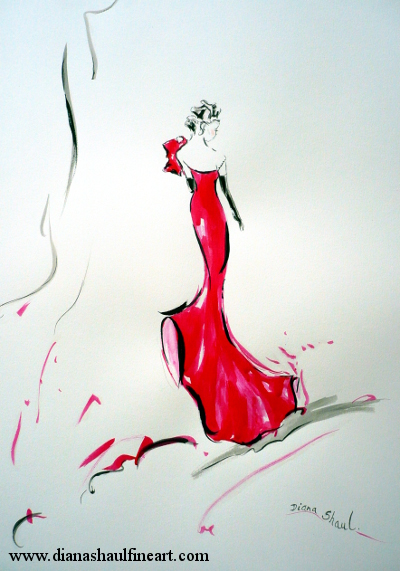 Stylised study of a woman in a bright pink gown and long black gloves.
