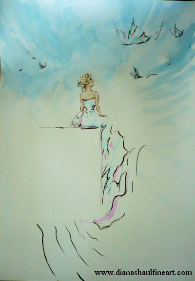 Painting of a seated woman looking up at butterflies in the sky.