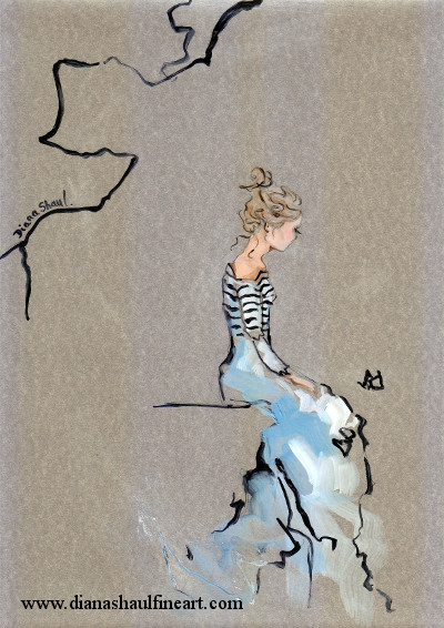 Original painting on silver-coloured card of a seated young woman watching a butterfly.