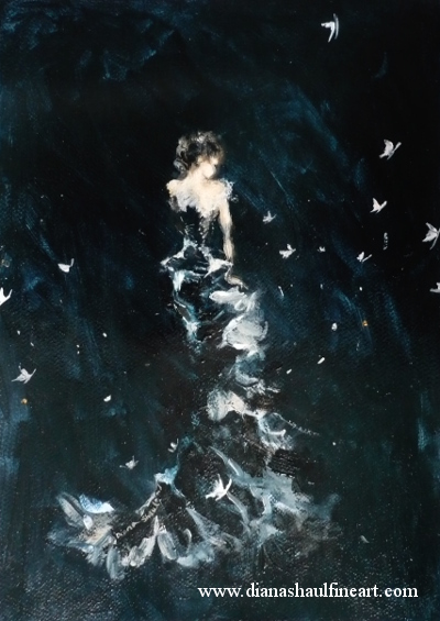 Original painting of a dark-haired woman in a floor-length dress against a black background featuring white butterflies.