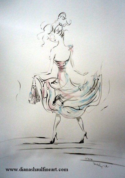 Drawing of a woman wearing a dress decorated with musical notes.