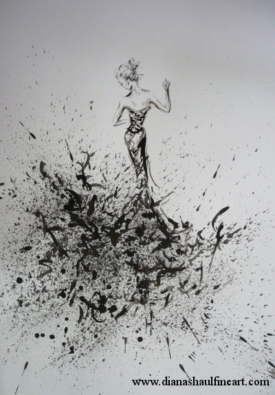 Monochrome painting of a woman dancing, created using a 'controlled chaos' technique.