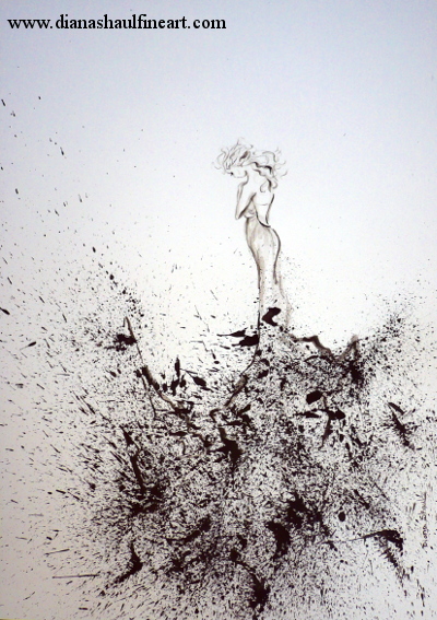 A woman looks down in a moment of reflection. Original painting created in black and white using a 'controlled chaos' technique.