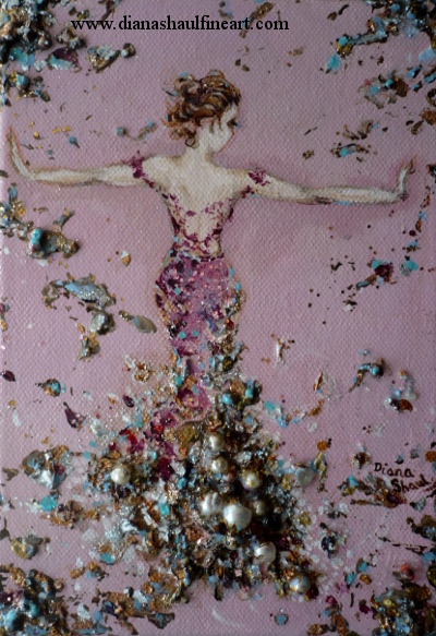 Highly embellished painting in shades of pink of a young woman viewed from the back wearing a sparkly floor-length gown.