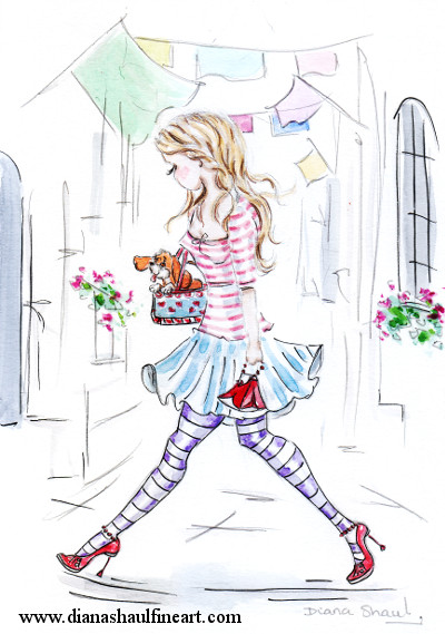 Painting: a young woman wearing a stripy top, a short skirt and stripy tights regards the small dog in her bag as she walks.
