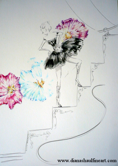 Original drawing of a young woman climbing steps towards a trapeze.
