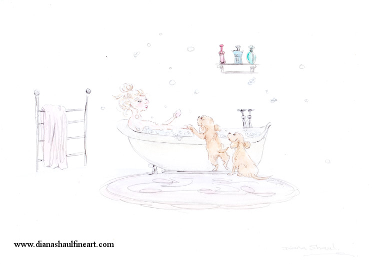 A young woman relaxes in a bubble bath while her two dogs look on. Original drawing.