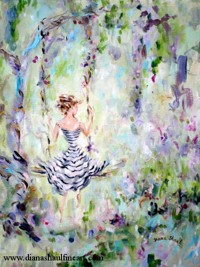 Impressionistic painting of a woman sitting on a swing in a garden.