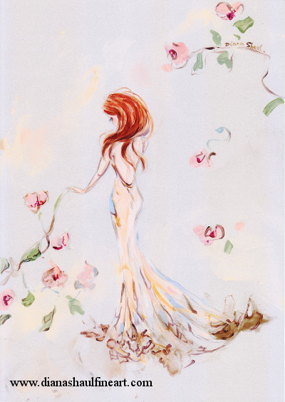 Painting of a woman in a gold-coloured floor-length dress, pink rose vines either side of her.