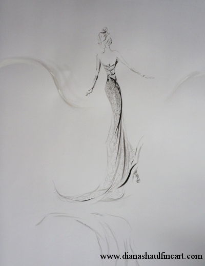 Monochrome painting of a confident woman in an evening gown.